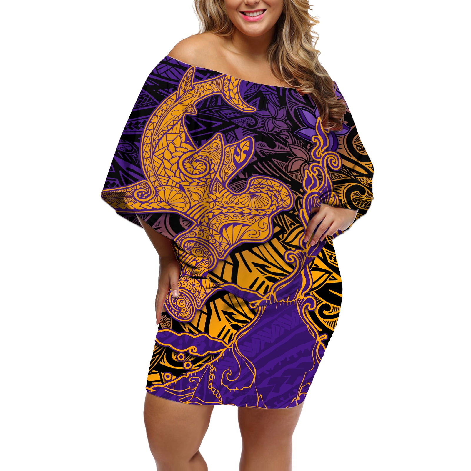 Hawaiian Volcano and Shark Off Shoulder Short Dress Polynesian and Hibiscus Pattern Purple Yellow Gradient