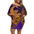 Hawaiian Volcano and Shark Off Shoulder Short Dress Polynesian and Hibiscus Pattern Purple Yellow Gradient