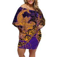 Hawaiian Volcano and Shark Off Shoulder Short Dress Polynesian and Hibiscus Pattern Purple Yellow Gradient LT03 Women Purple - Polynesian Pride