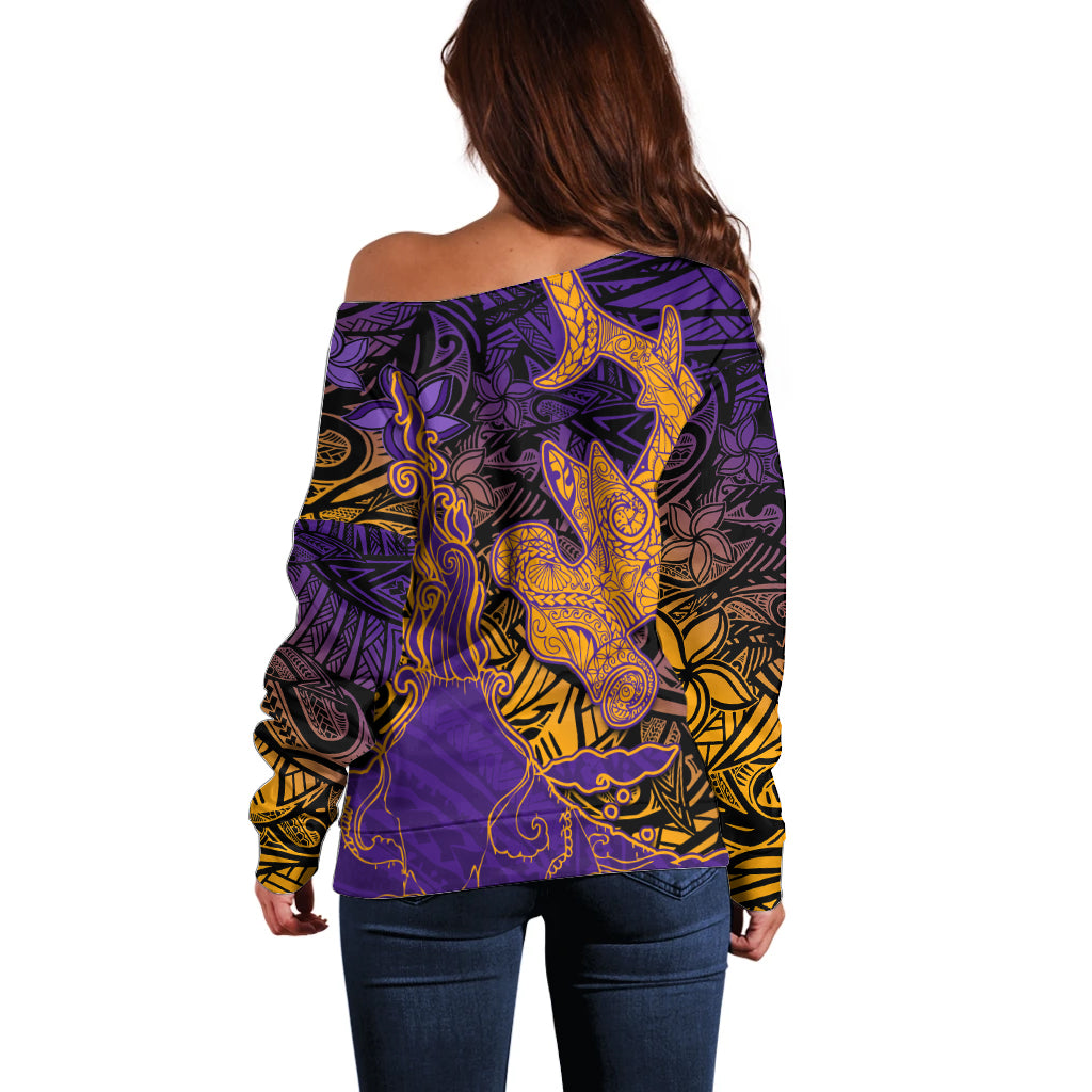 Hawaiian Volcano and Shark Off Shoulder Sweater Polynesian and Hibiscus Pattern Purple Yellow Gradient