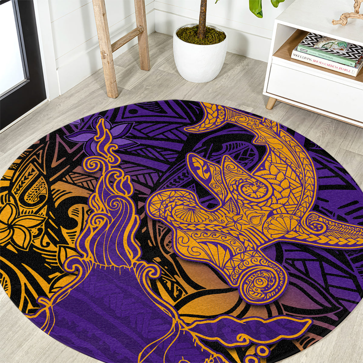 Hawaiian Volcano and Shark Round Carpet Polynesian and Hibiscus Pattern Purple Yellow Gradient