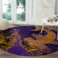 Hawaiian Volcano and Shark Round Carpet Polynesian and Hibiscus Pattern Purple Yellow Gradient