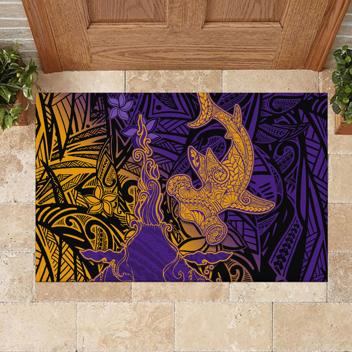 Hawaiian Volcano and Shark Rubber Doormat Polynesian and Hibiscus Pattern Purple Yellow Gradient