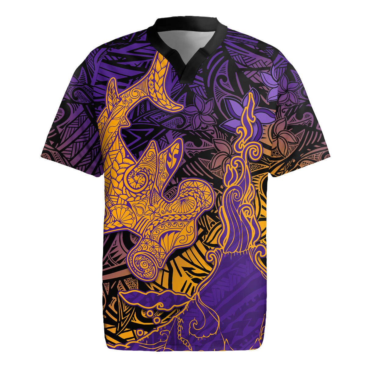Hawaiian Volcano and Shark Rugby Jersey Polynesian and Hibiscus Pattern Purple Yellow Gradient