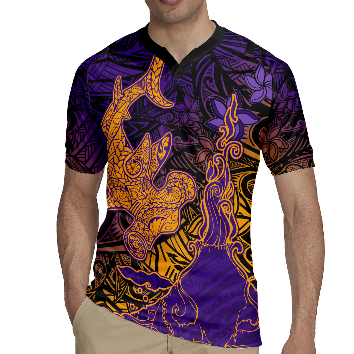 Hawaiian Volcano and Shark Rugby Jersey Polynesian and Hibiscus Pattern Purple Yellow Gradient