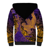 Hawaiian Volcano and Shark Sherpa Hoodie Polynesian and Hibiscus Pattern Purple Yellow Gradient