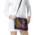 Hawaiian Volcano and Shark Shoulder Handbag Polynesian and Hibiscus Pattern Purple Yellow Gradient