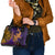 Hawaiian Volcano and Shark Shoulder Handbag Polynesian and Hibiscus Pattern Purple Yellow Gradient