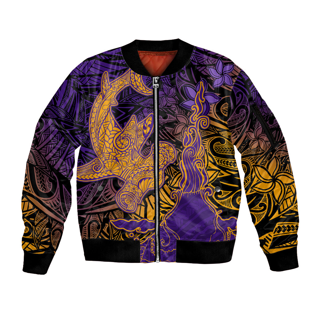 Hawaiian Volcano and Shark Sleeve Zip Bomber Jacket Polynesian and Hibiscus Pattern Purple Yellow Gradient