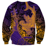 Hawaiian Volcano and Shark Sweatshirt Polynesian and Hibiscus Pattern Purple Yellow Gradient