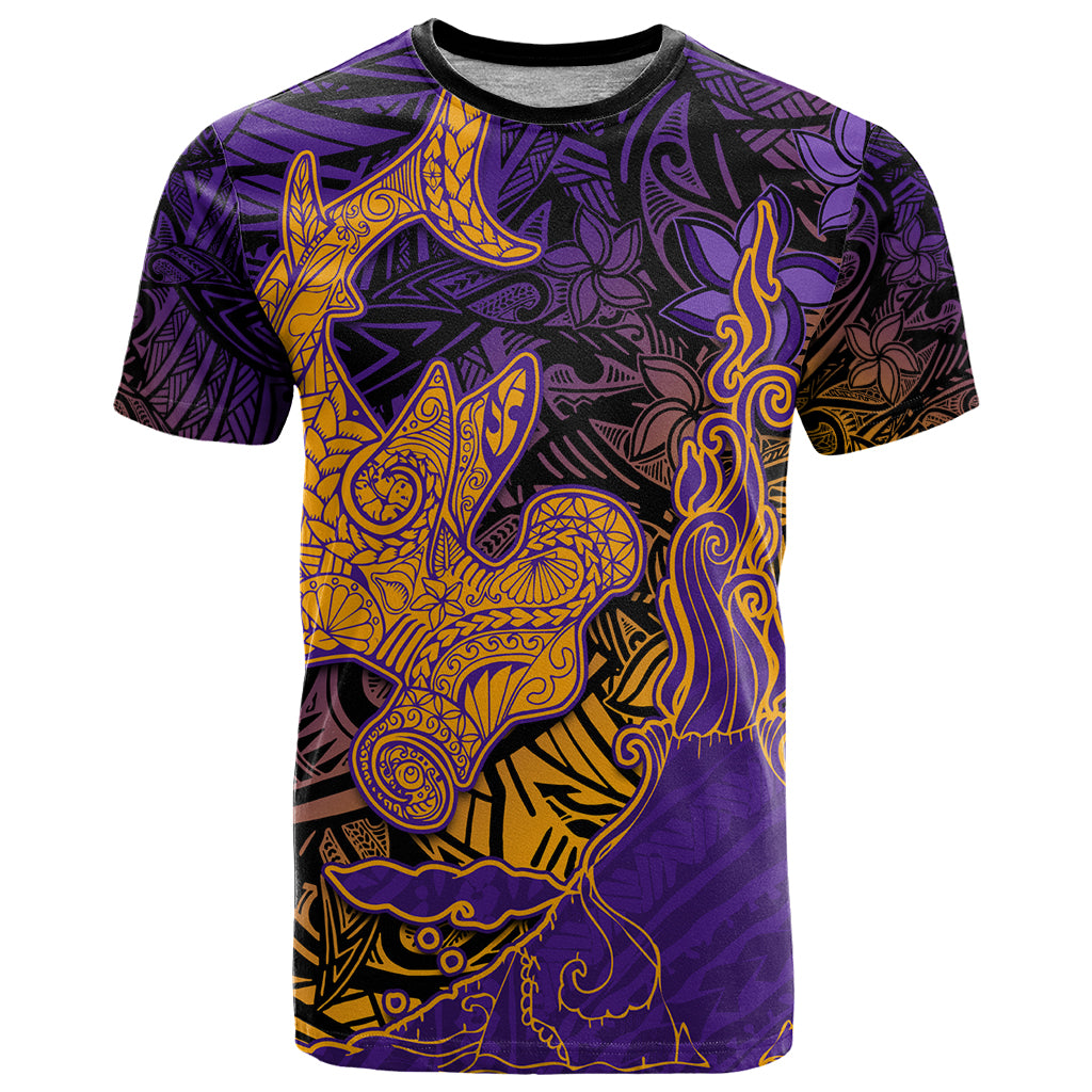 Hawaiian Volcano and Shark T Shirt Polynesian and Hibiscus Pattern Purple Yellow Gradient