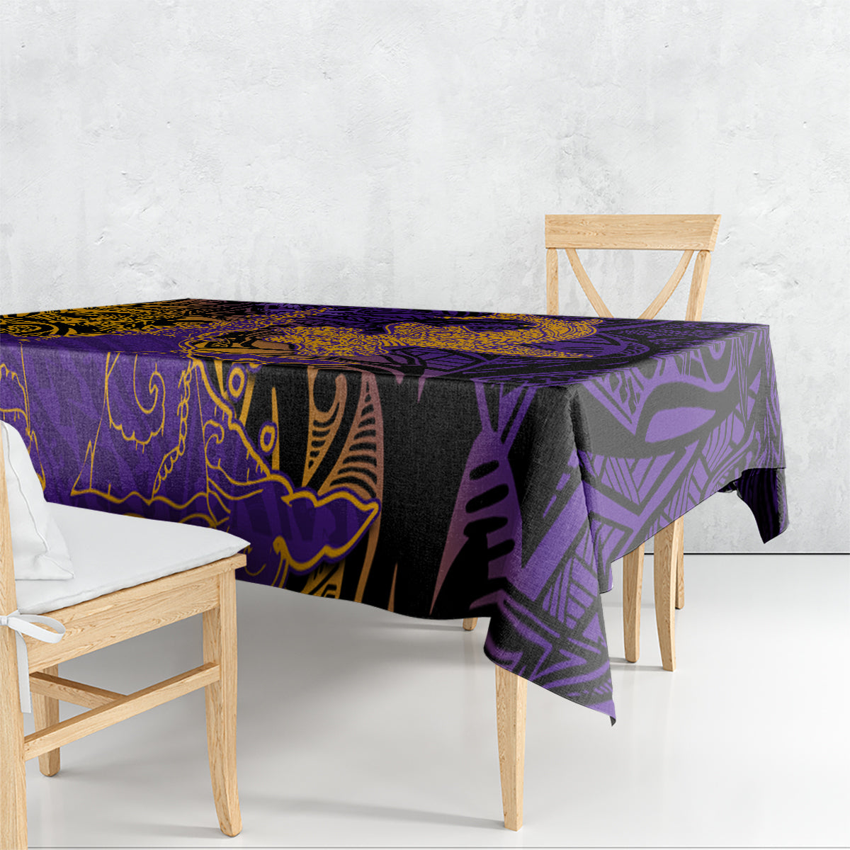 Hawaiian Volcano and Shark Tablecloth Polynesian and Hibiscus Pattern Purple Yellow Gradient
