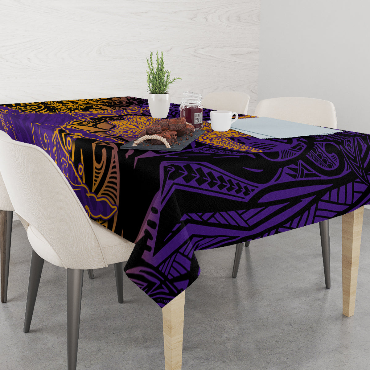 Hawaiian Volcano and Shark Tablecloth Polynesian and Hibiscus Pattern Purple Yellow Gradient