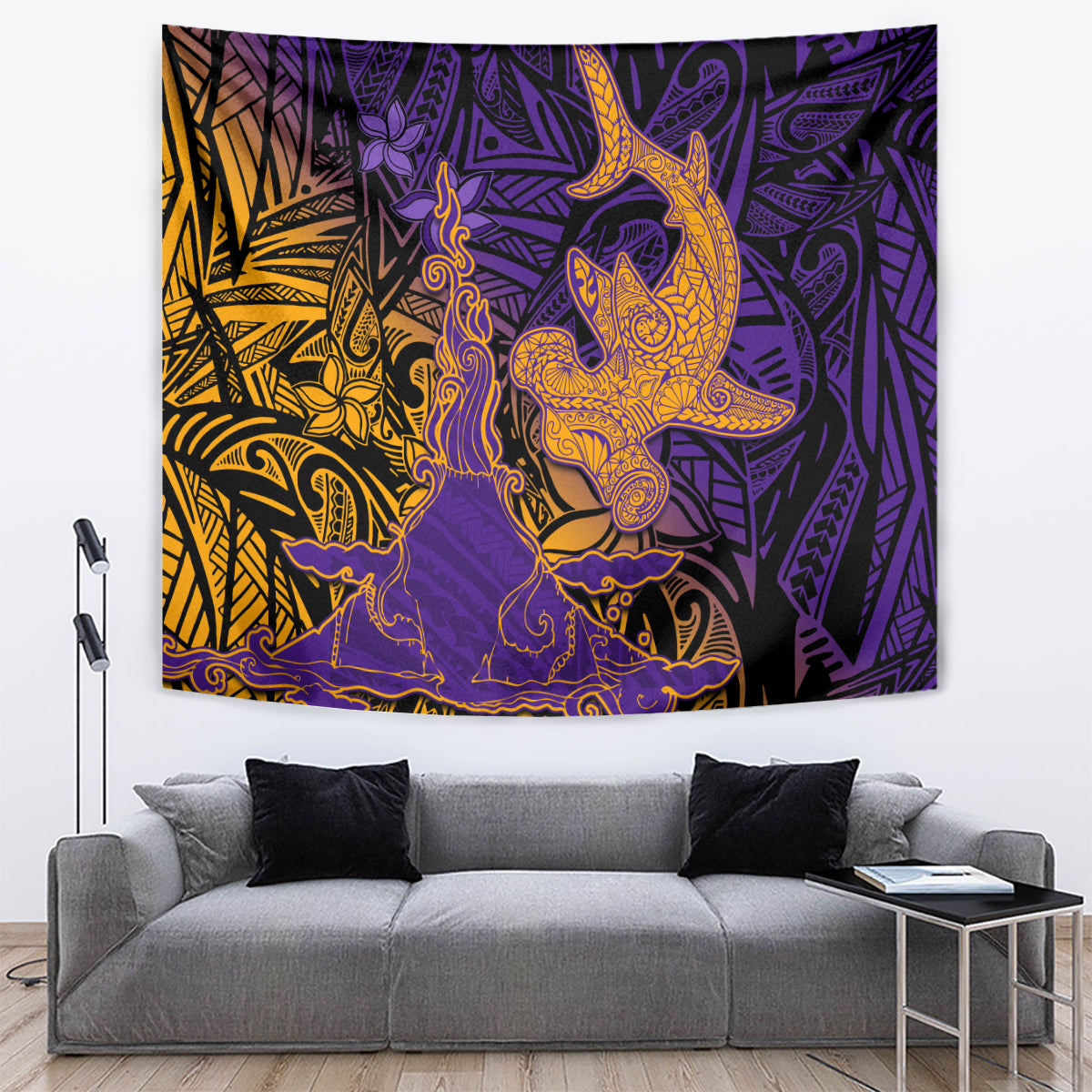 Hawaiian Volcano and Shark Tapestry Polynesian and Hibiscus Pattern Purple Yellow Gradient