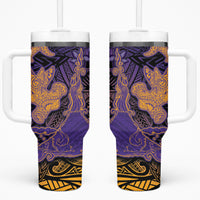 Hawaiian Volcano and Shark Tumbler With Handle Polynesian and Hibiscus Pattern Purple Yellow Gradient