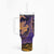 Hawaiian Volcano and Shark Tumbler With Handle Polynesian and Hibiscus Pattern Purple Yellow Gradient