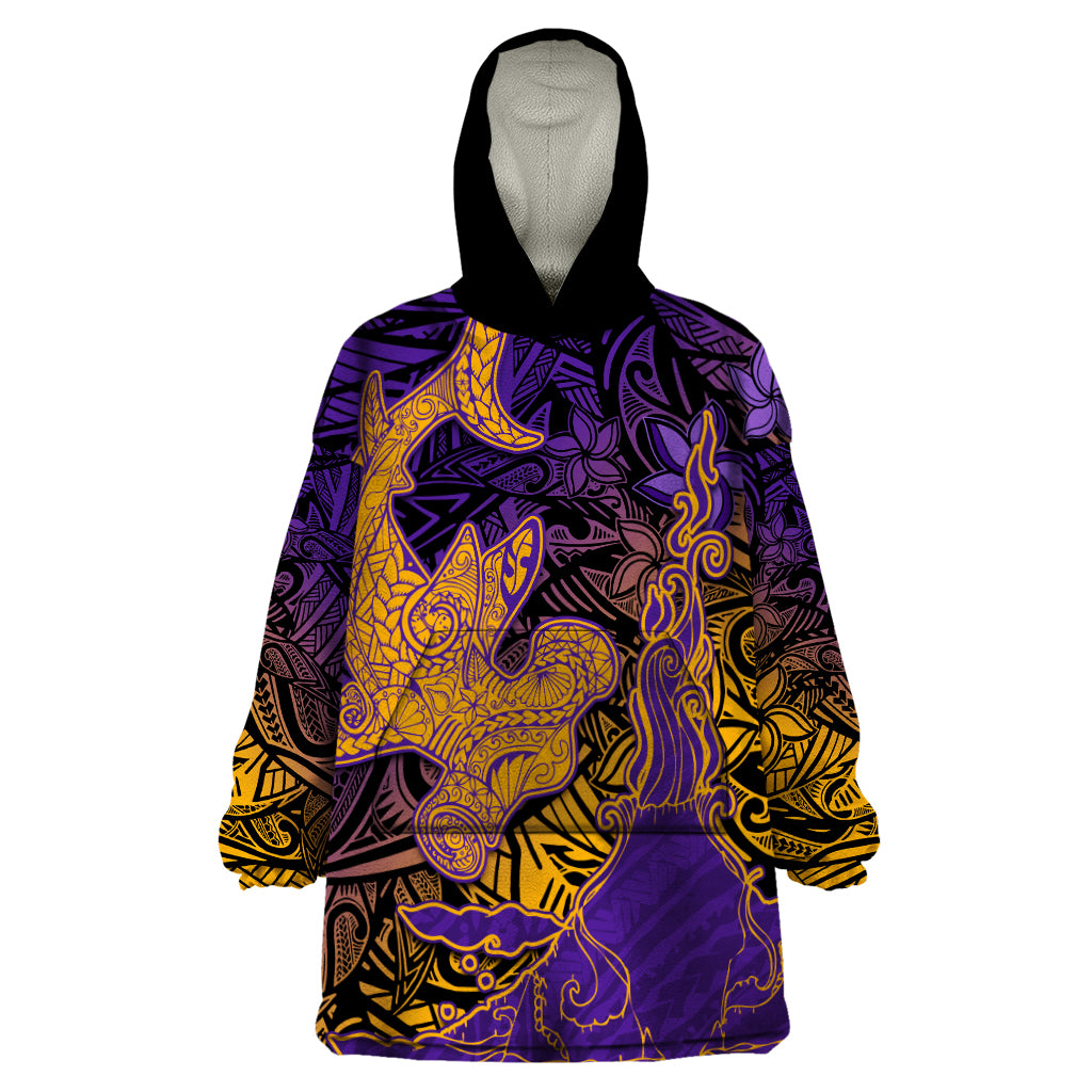 Hawaiian Volcano and Shark Wearable Blanket Hoodie Polynesian and Hibiscus Pattern Purple Yellow Gradient