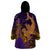 Hawaiian Volcano and Shark Wearable Blanket Hoodie Polynesian and Hibiscus Pattern Purple Yellow Gradient