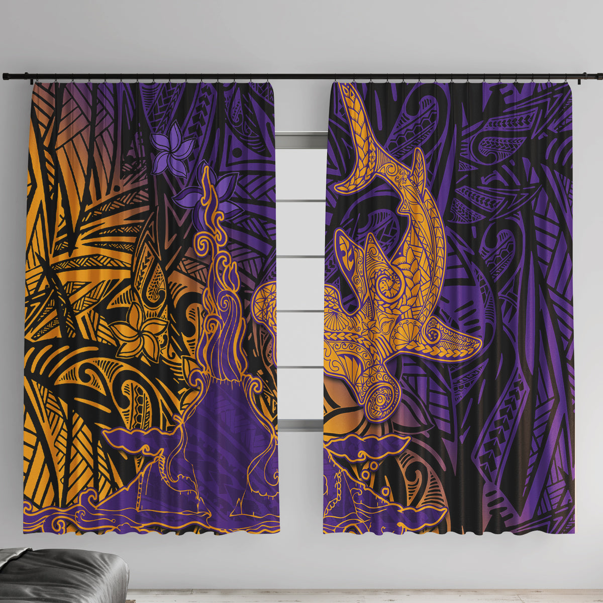 Hawaiian Volcano and Shark Window Curtain Polynesian and Hibiscus Pattern Purple Yellow Gradient