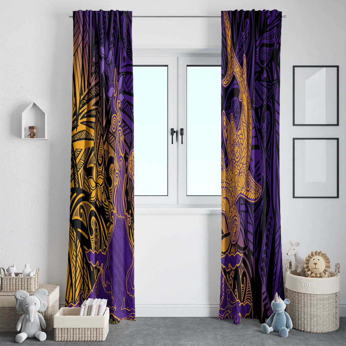Hawaiian Volcano and Shark Window Curtain Polynesian and Hibiscus Pattern Purple Yellow Gradient