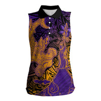 Hawaiian Volcano and Shark Women Sleeveless Polo Shirt Polynesian and Hibiscus Pattern Purple Yellow Gradient