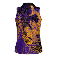 Hawaiian Volcano and Shark Women Sleeveless Polo Shirt Polynesian and Hibiscus Pattern Purple Yellow Gradient