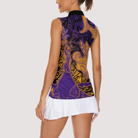 Hawaiian Volcano and Shark Women Sleeveless Polo Shirt Polynesian and Hibiscus Pattern Purple Yellow Gradient