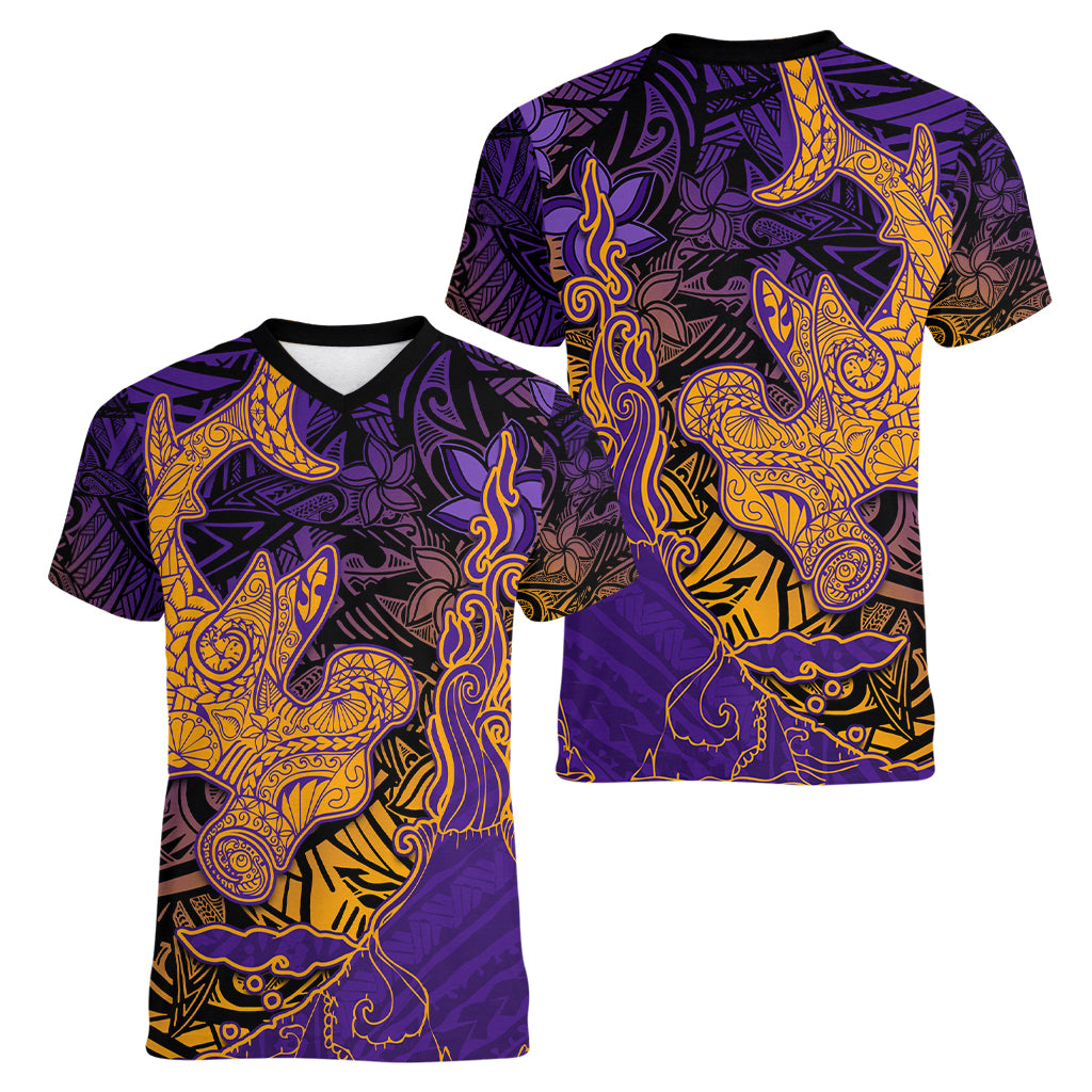 Hawaiian Volcano and Shark Women V-Neck T-Shirt Polynesian and Hibiscus Pattern Purple Yellow Gradient