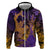 Hawaiian Volcano and Shark Zip Hoodie Polynesian and Hibiscus Pattern Purple Yellow Gradient