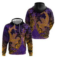 Hawaiian Volcano and Shark Zip Hoodie Polynesian and Hibiscus Pattern Purple Yellow Gradient