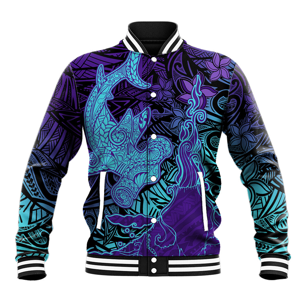 Hawaiian Volcano and Shark Baseball Jacket Polynesian and Hibiscus Pattern Purple Cyan Gradient