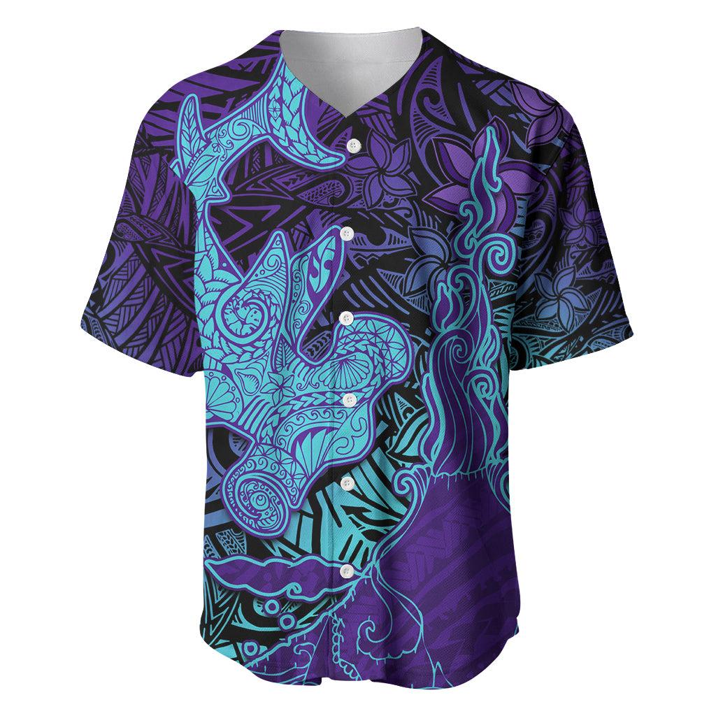 Hawaiian Volcano and Shark Baseball Jersey Polynesian and Hibiscus Pattern Purple Cyan Gradient