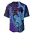 Hawaiian Volcano and Shark Baseball Jersey Polynesian and Hibiscus Pattern Purple Cyan Gradient