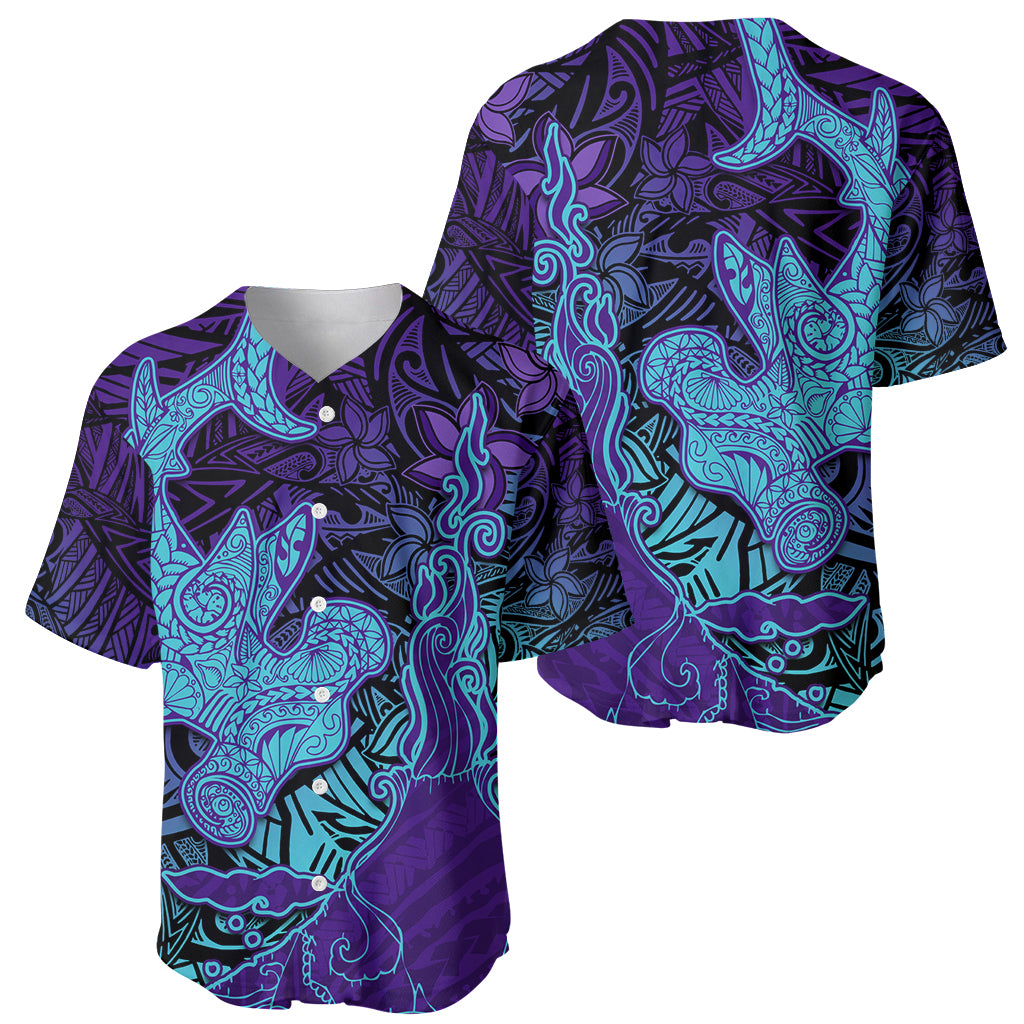 Hawaiian Volcano and Shark Baseball Jersey Polynesian and Hibiscus Pattern Purple Cyan Gradient