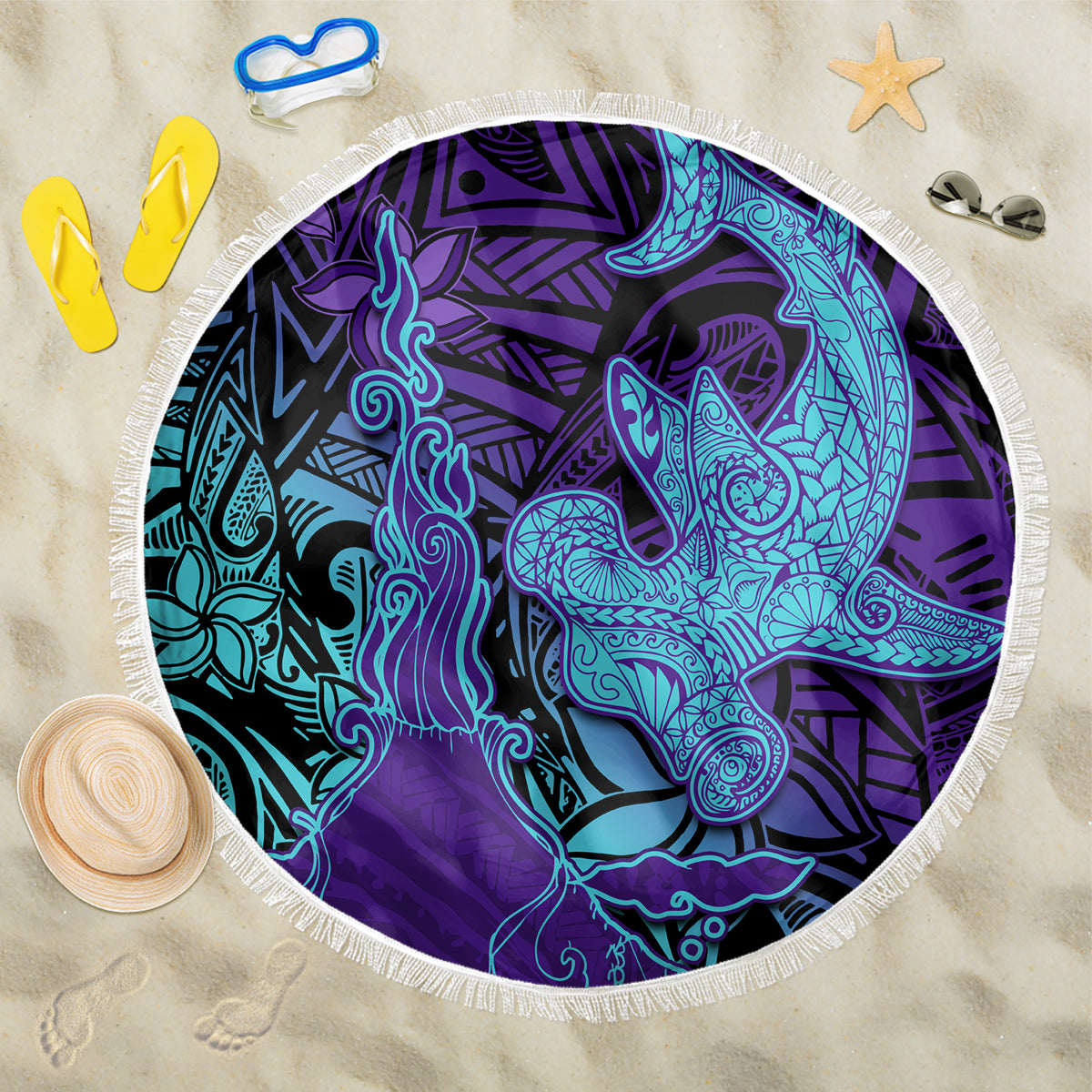 Hawaiian Volcano and Shark Beach Blanket Polynesian and Hibiscus Pattern Purple Cyan Gradient