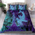 Hawaiian Volcano and Shark Bedding Set Polynesian and Hibiscus Pattern Purple Cyan Gradient