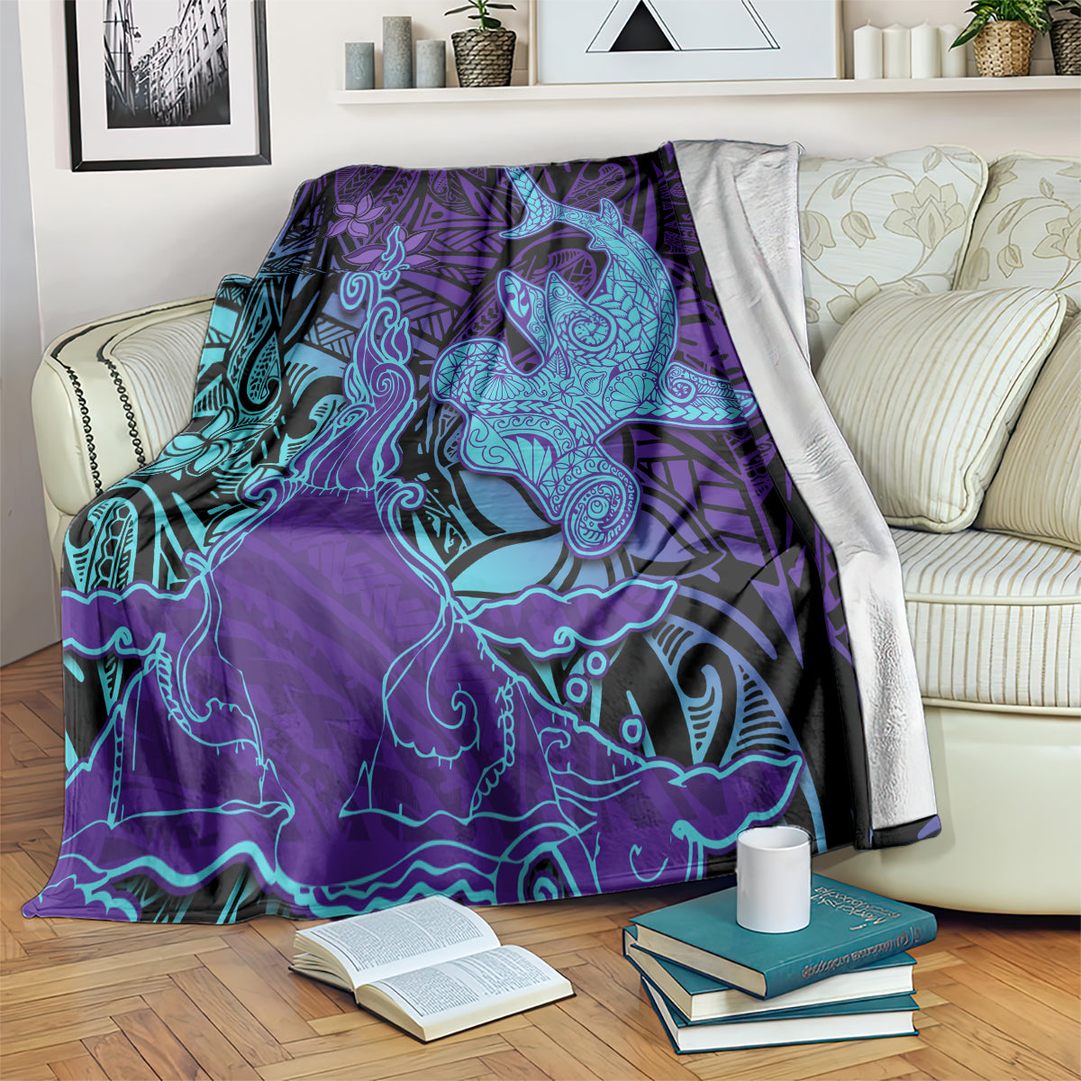 Hawaiian Volcano and Shark Blanket Polynesian and Hibiscus Pattern Purple Cyan Gradient