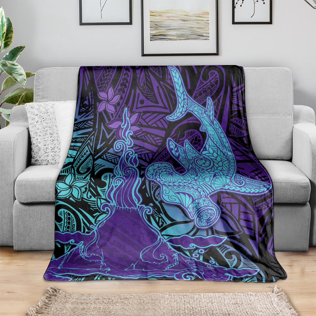 Hawaiian Volcano and Shark Blanket Polynesian and Hibiscus Pattern Purple Cyan Gradient
