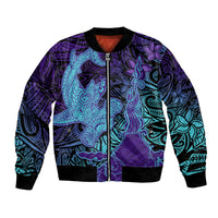 Hawaiian Volcano and Shark Bomber Jacket Polynesian and Hibiscus Pattern Purple Cyan Gradient