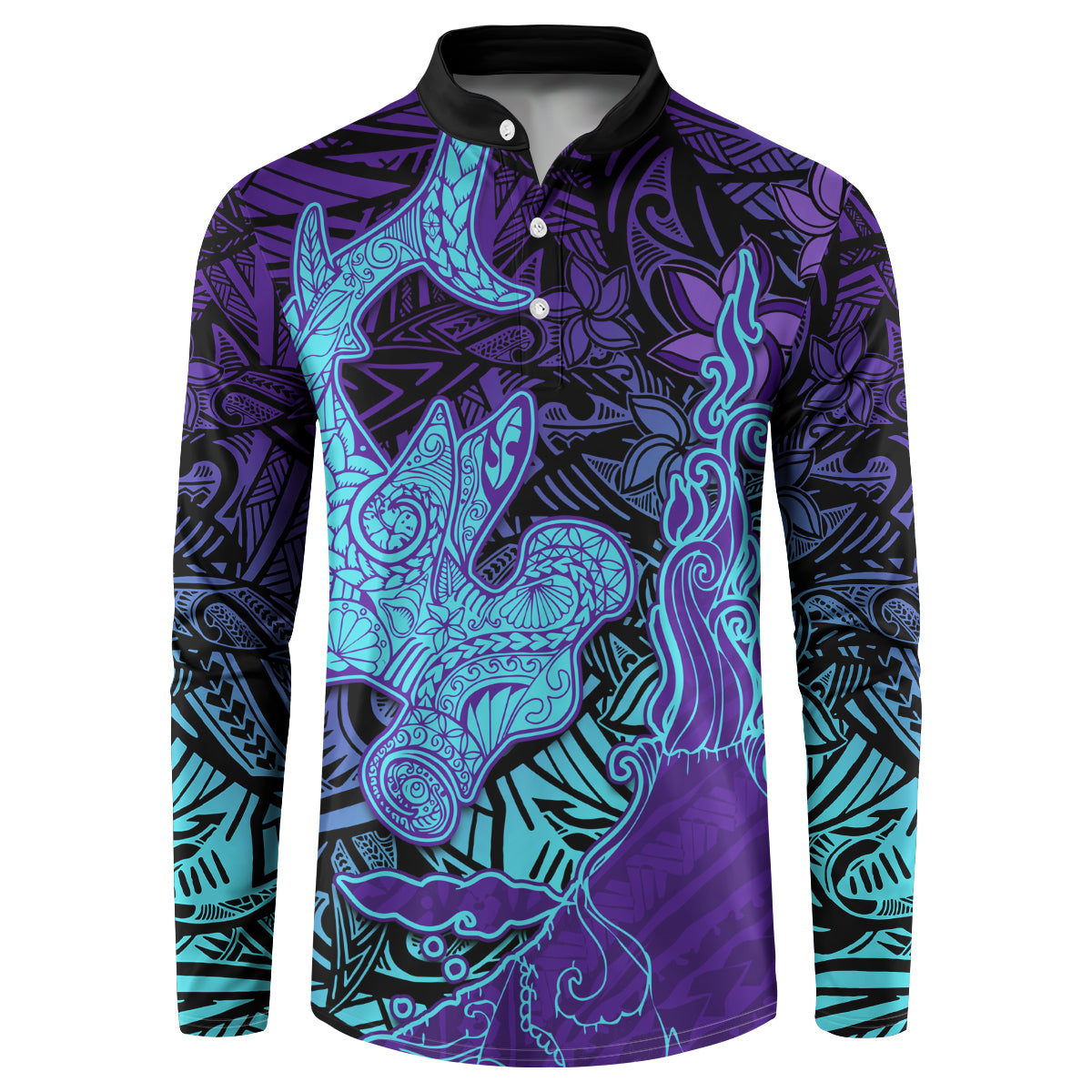 Hawaiian Volcano and Shark Button Sweatshirt Polynesian and Hibiscus Pattern Purple Cyan Gradient