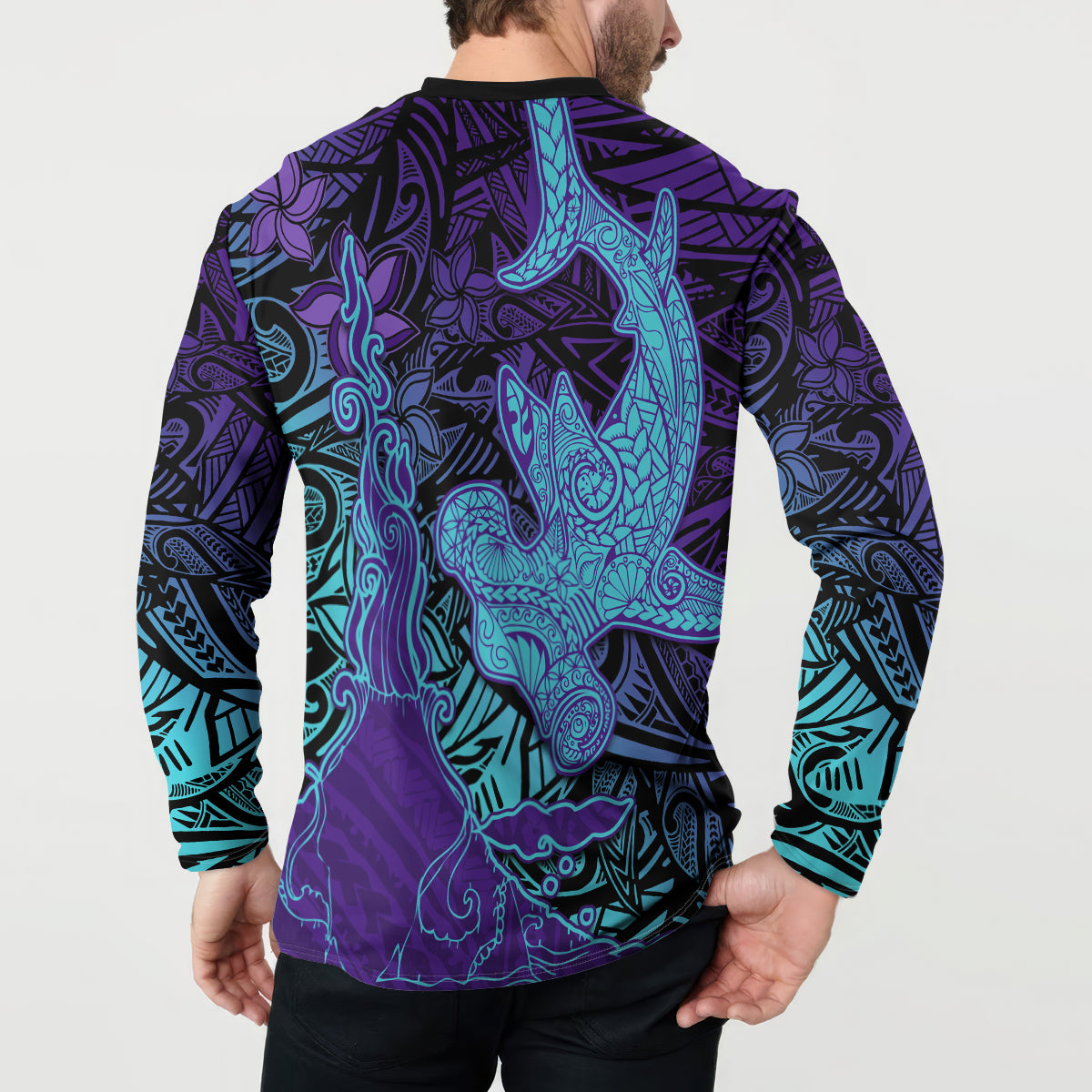 Hawaiian Volcano and Shark Button Sweatshirt Polynesian and Hibiscus Pattern Purple Cyan Gradient