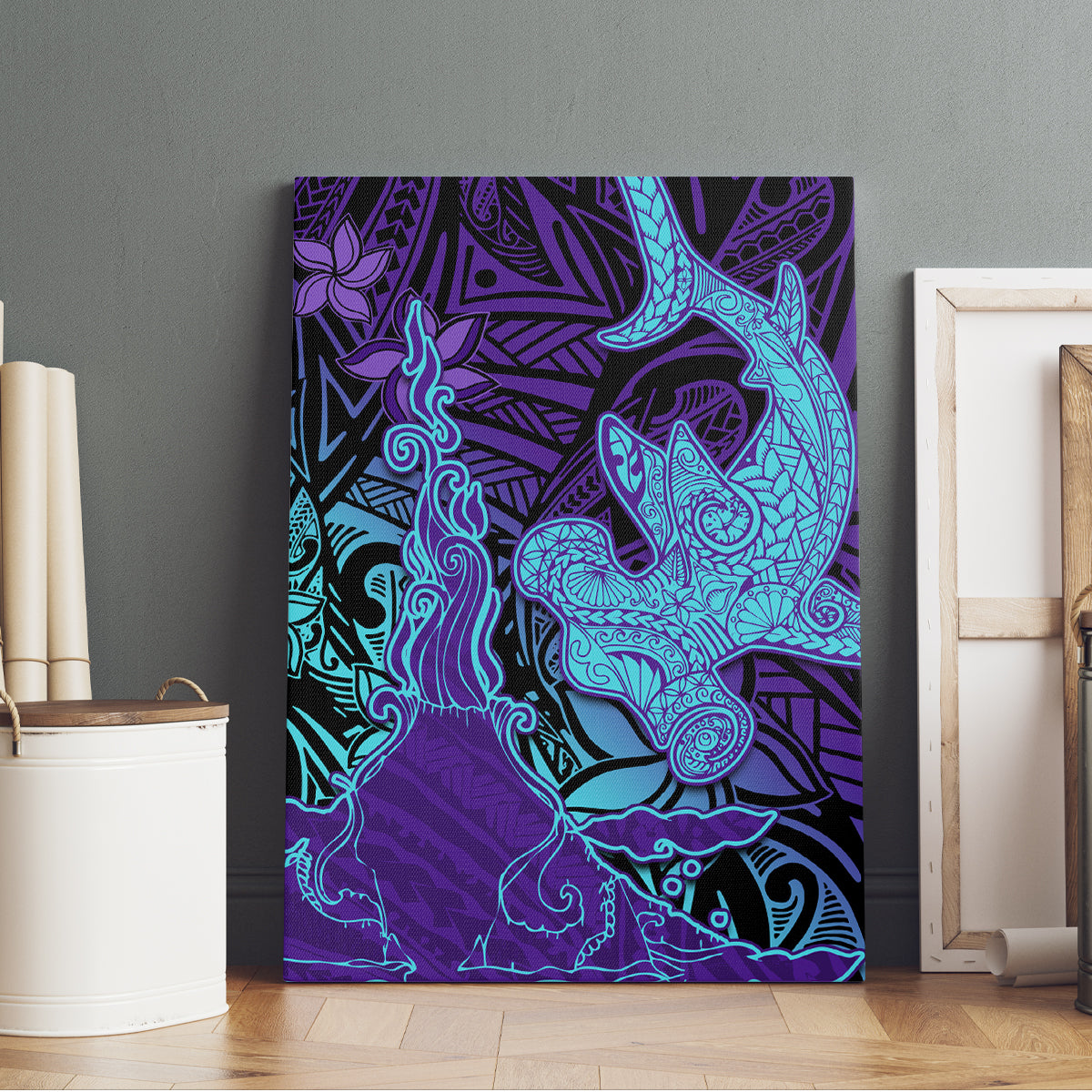 Hawaiian Volcano and Shark Canvas Wall Art Polynesian and Hibiscus Pattern Purple Cyan Gradient