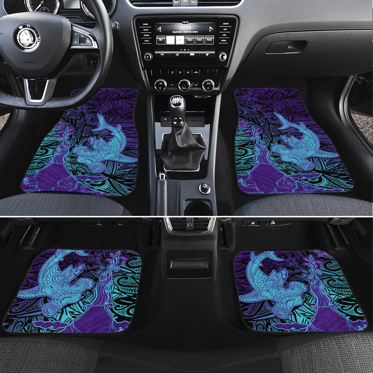 Hawaiian Volcano and Shark Car Mats Polynesian and Hibiscus Pattern Purple Cyan Gradient