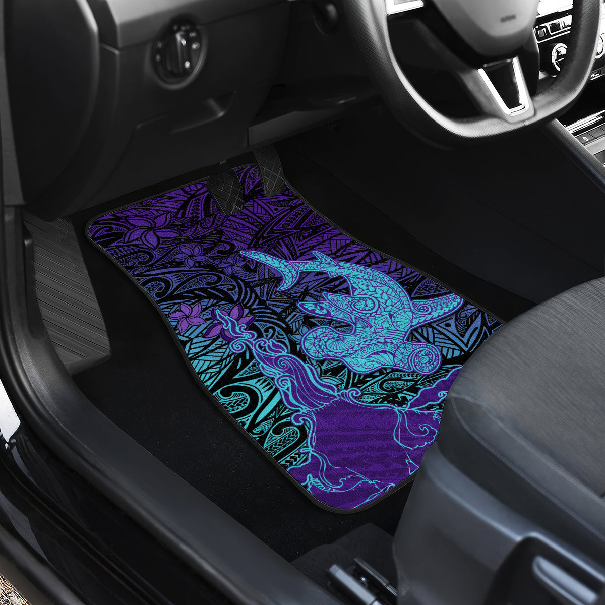 Hawaiian Volcano and Shark Car Mats Polynesian and Hibiscus Pattern Purple Cyan Gradient