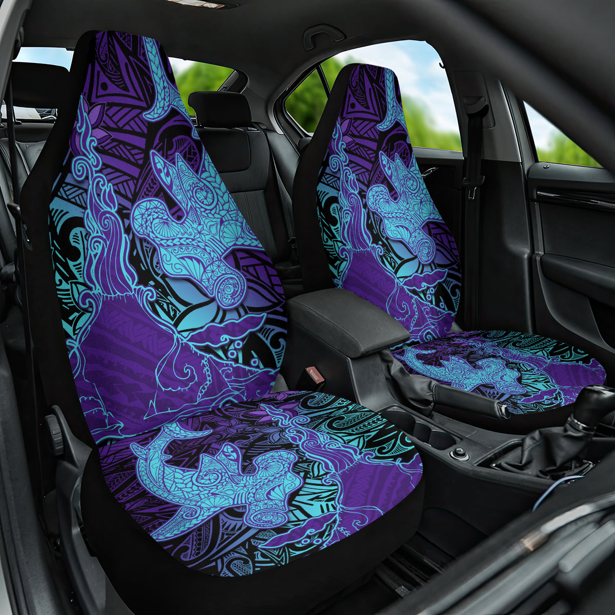 Hawaiian Volcano and Shark Car Seat Cover Polynesian and Hibiscus Pattern Purple Cyan Gradient