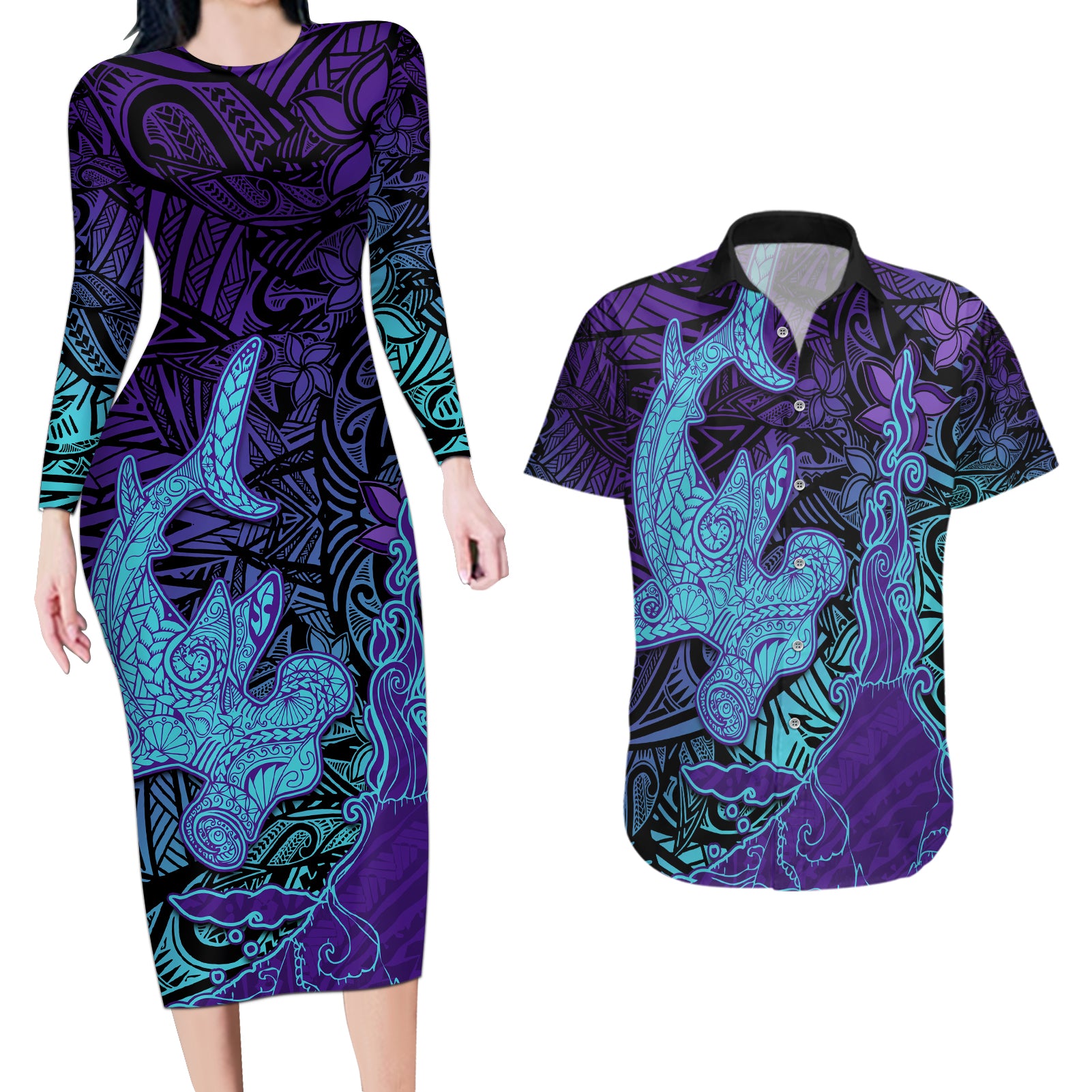 Hawaiian Volcano and Shark Couples Matching Long Sleeve Bodycon Dress and Hawaiian Shirt Polynesian and Hibiscus Pattern Purple Cyan Gradient