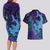 Hawaiian Volcano and Shark Couples Matching Long Sleeve Bodycon Dress and Hawaiian Shirt Polynesian and Hibiscus Pattern Purple Cyan Gradient