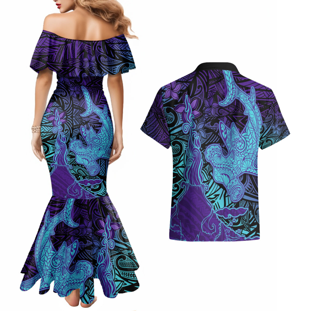 Hawaiian Volcano and Shark Couples Matching Mermaid Dress and Hawaiian Shirt Polynesian and Hibiscus Pattern Purple Cyan Gradient