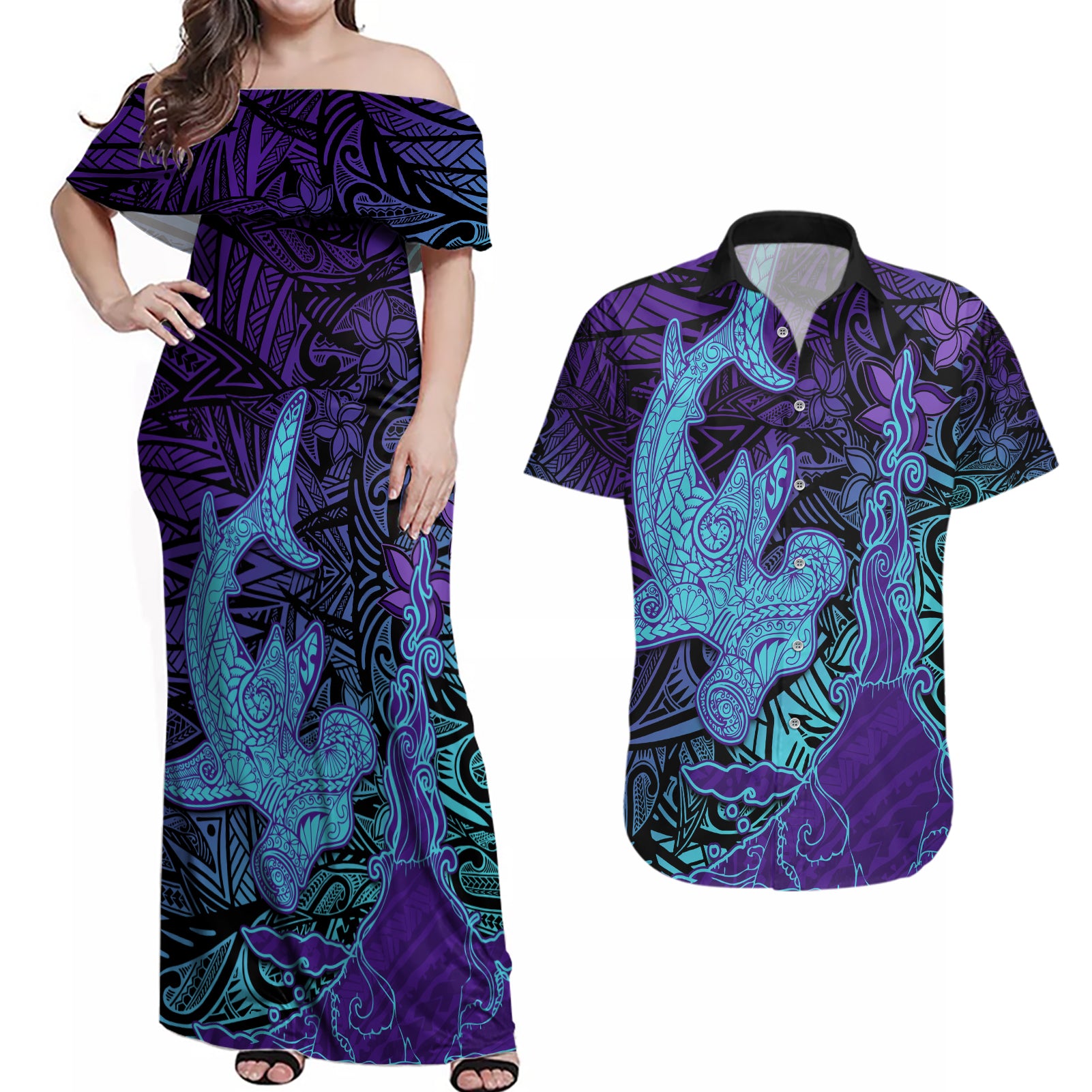 Hawaiian Volcano and Shark Couples Matching Off Shoulder Maxi Dress and Hawaiian Shirt Polynesian and Hibiscus Pattern Purple Cyan Gradient