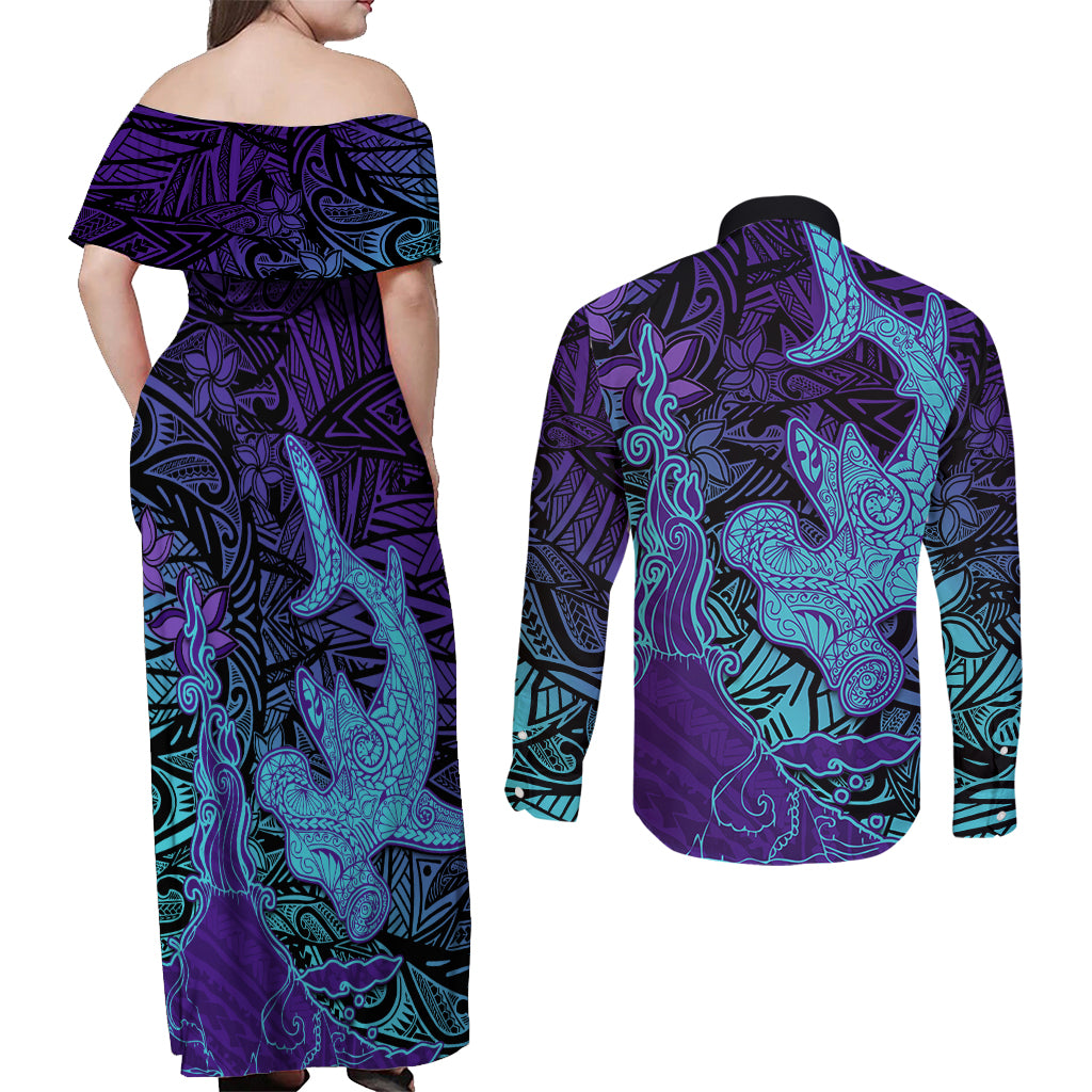 Hawaiian Volcano and Shark Couples Matching Off Shoulder Maxi Dress and Long Sleeve Button Shirt Polynesian and Hibiscus Pattern Purple Cyan Gradient
